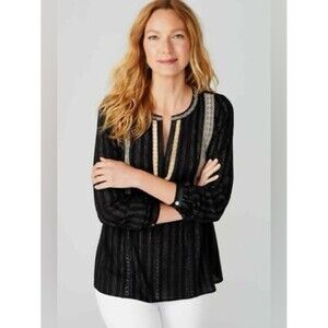 J. Jill Embroidered Peasant Blouse Long Sleeve Striped Black Tan Boho Top Sz L